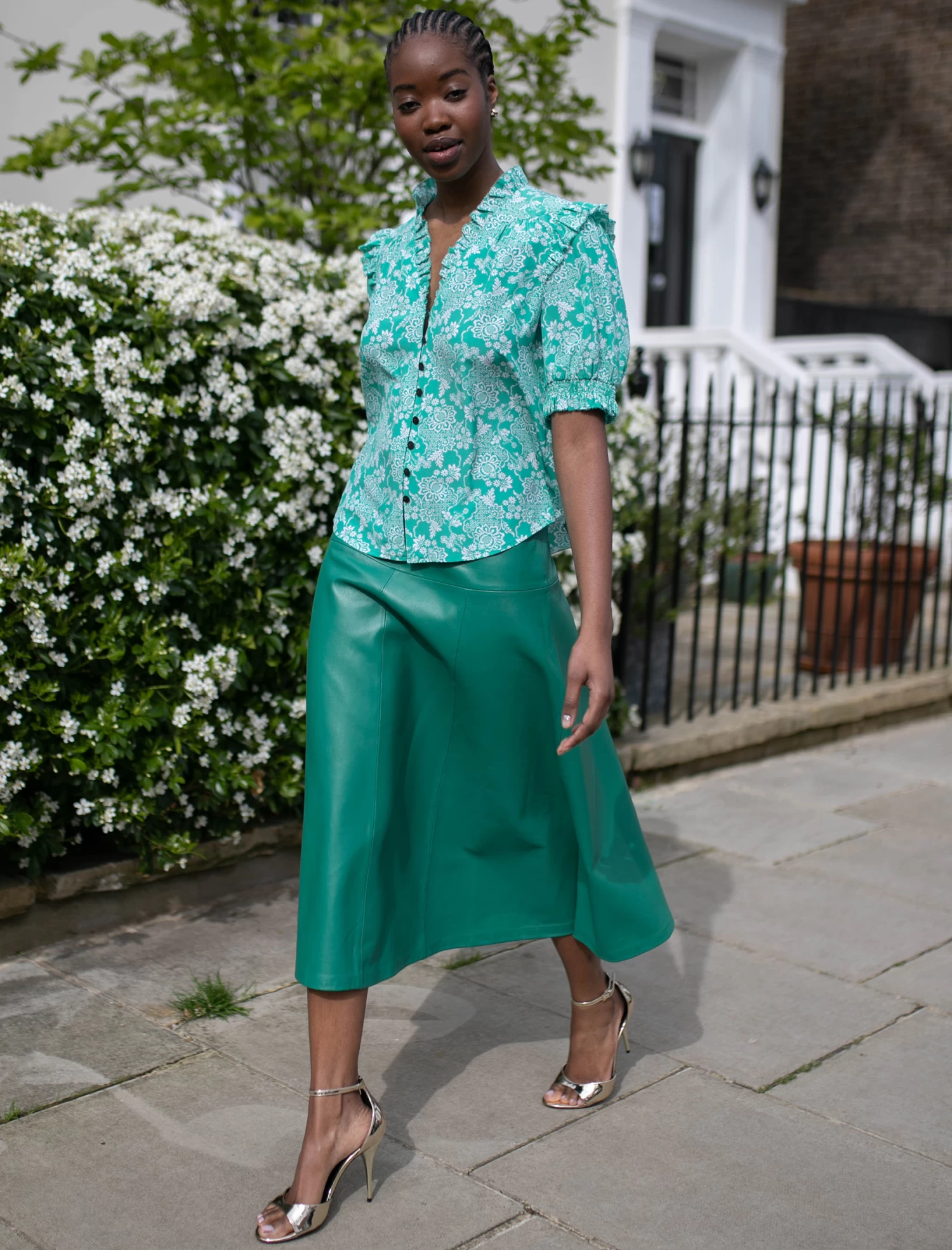 Stella Silk Blouse - Green Damask Print