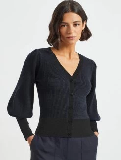 Eva Wool Cardigan - Charcoal Mid Blue Stripe