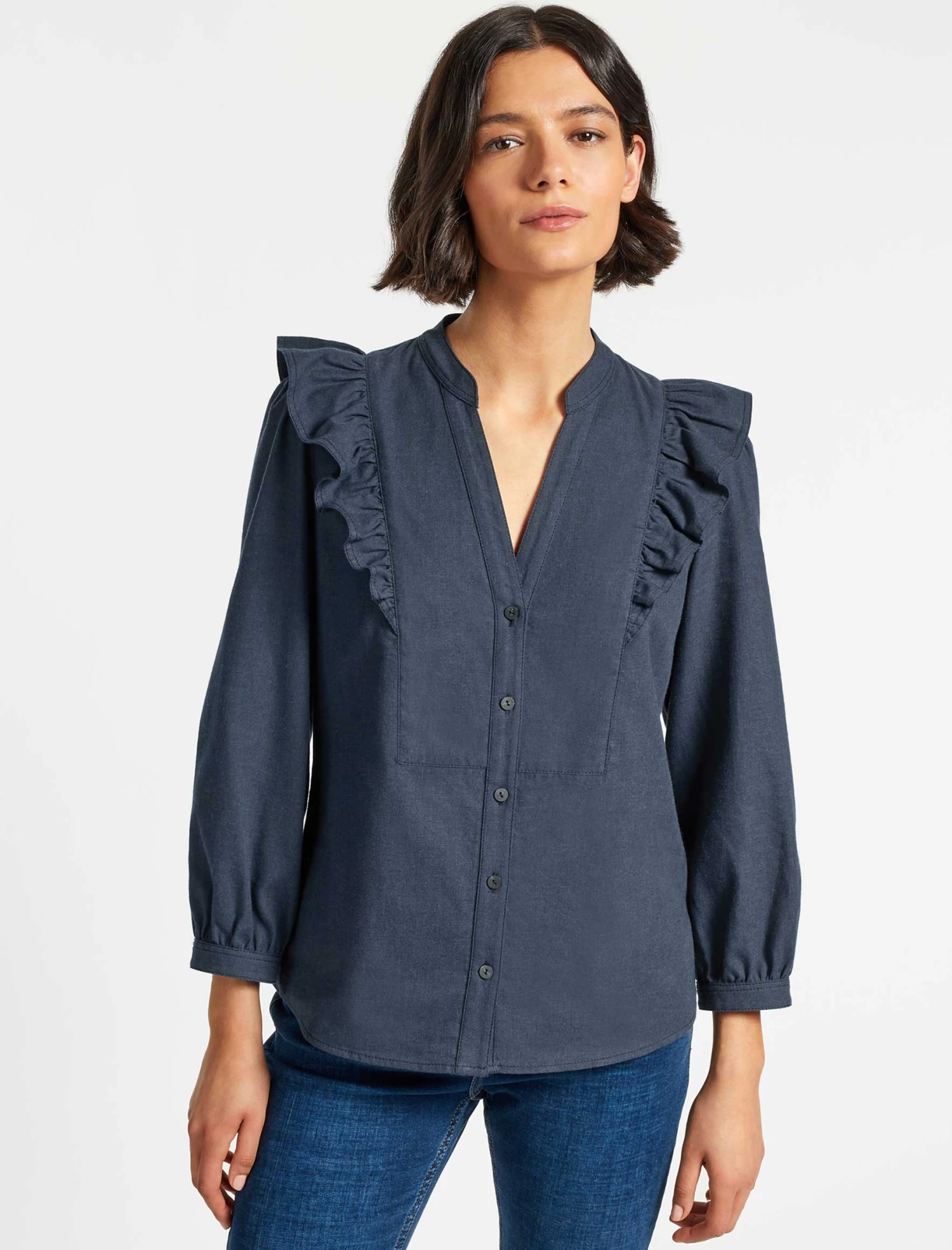 Dixie Brushed Cotton Long Sleeve Frill Shirt - Dark Blue - Image 2