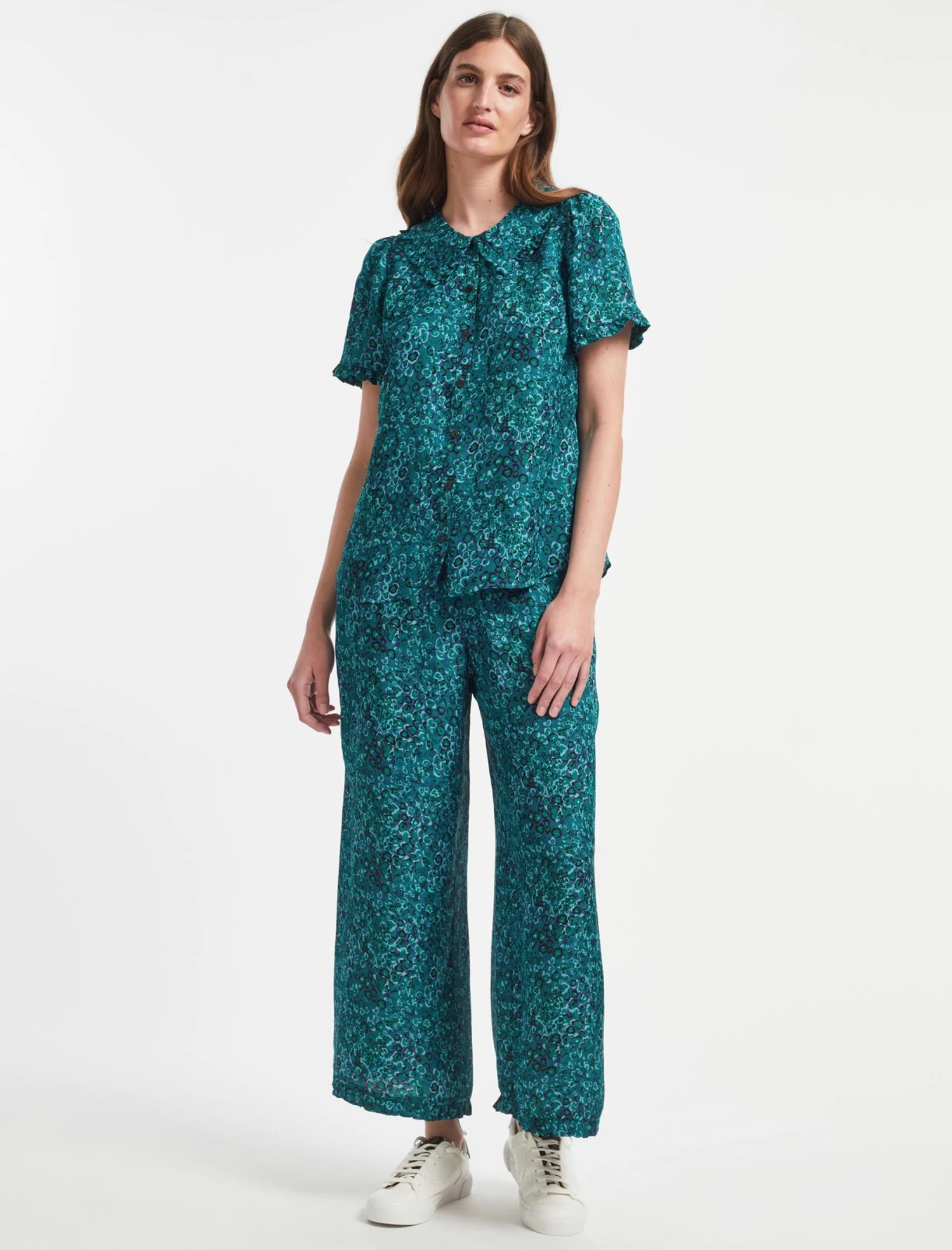 Rosa Silk Blend Blouse - Turquoise Blue Leopard Pansy Print - Image 2