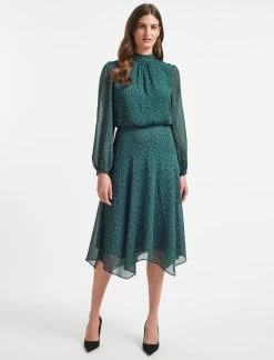 Emilia Midi Dress - Green Black Graphic Coral Print