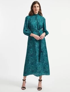 Rosamund Silk Blend Maxi Dress - Turquoise Blue Leopard Pansy Print