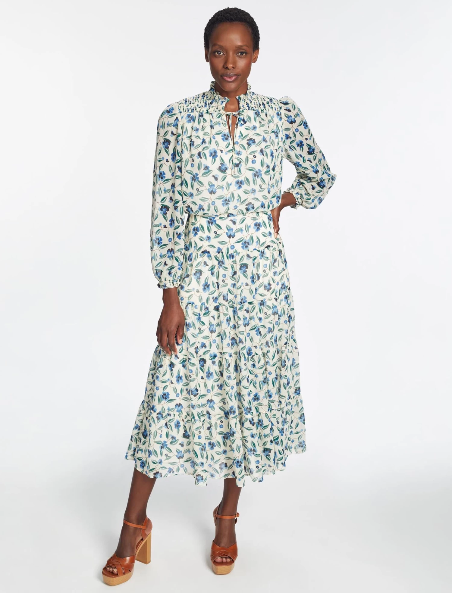 Zoe Maxi Dress - Cream Blue Deco Floral Print