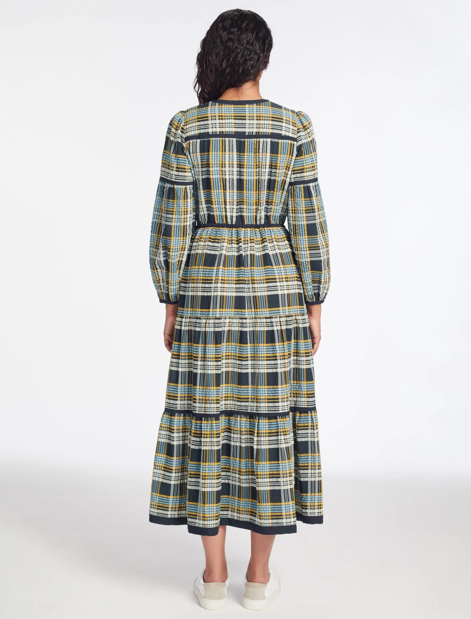 Katie Organic Cotton Seersucker Maxi Dress - Navy Yellow - Image 5