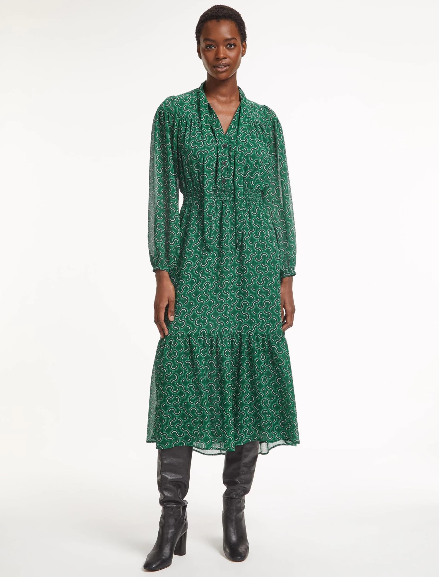 Francesca Midi Dress - Green Rainbow Geo Print