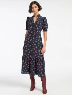 Rebecca Silk Midi Dress - Navy Posy Print