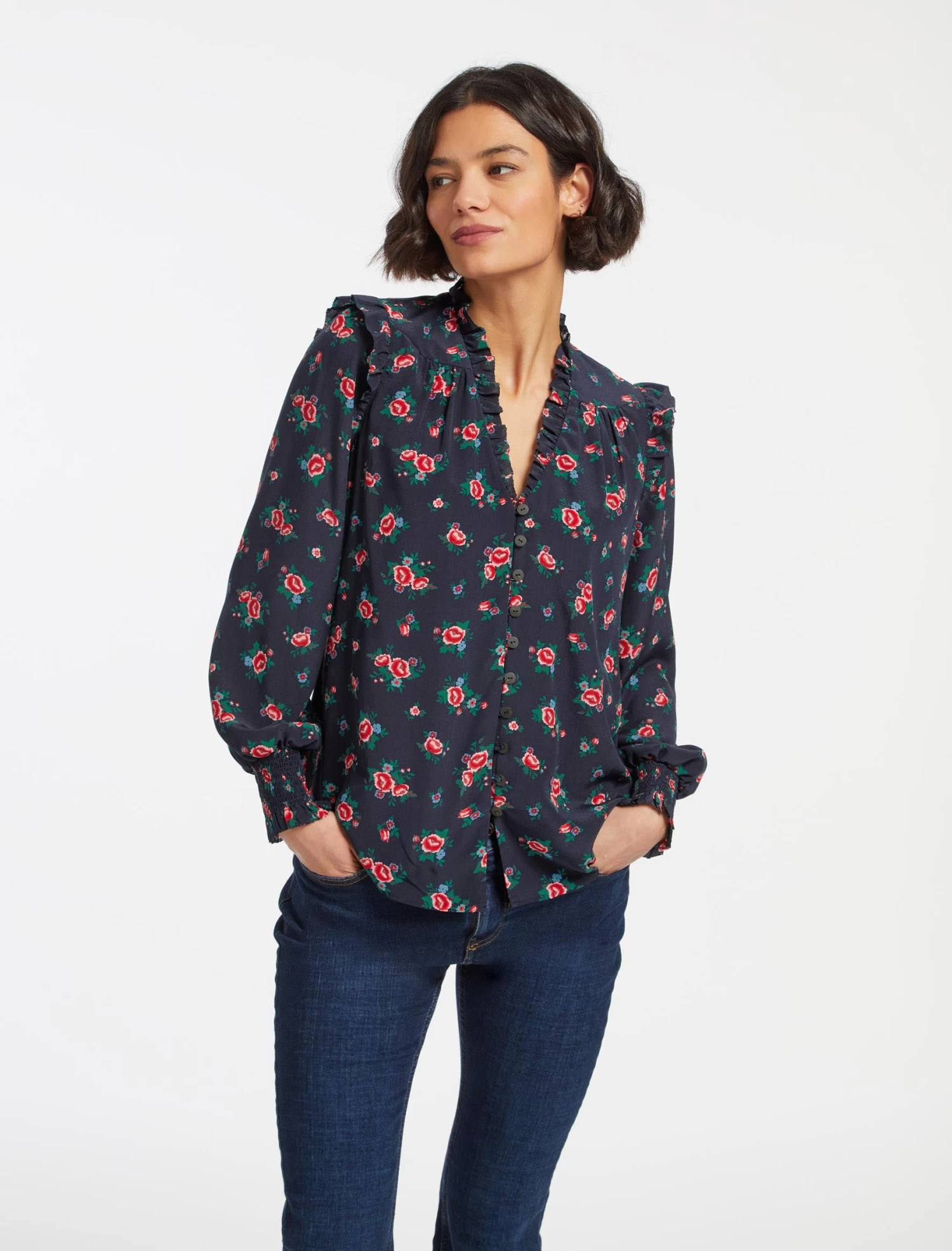 Stella Silk Shirt - Navy Posy Print - Image 2
