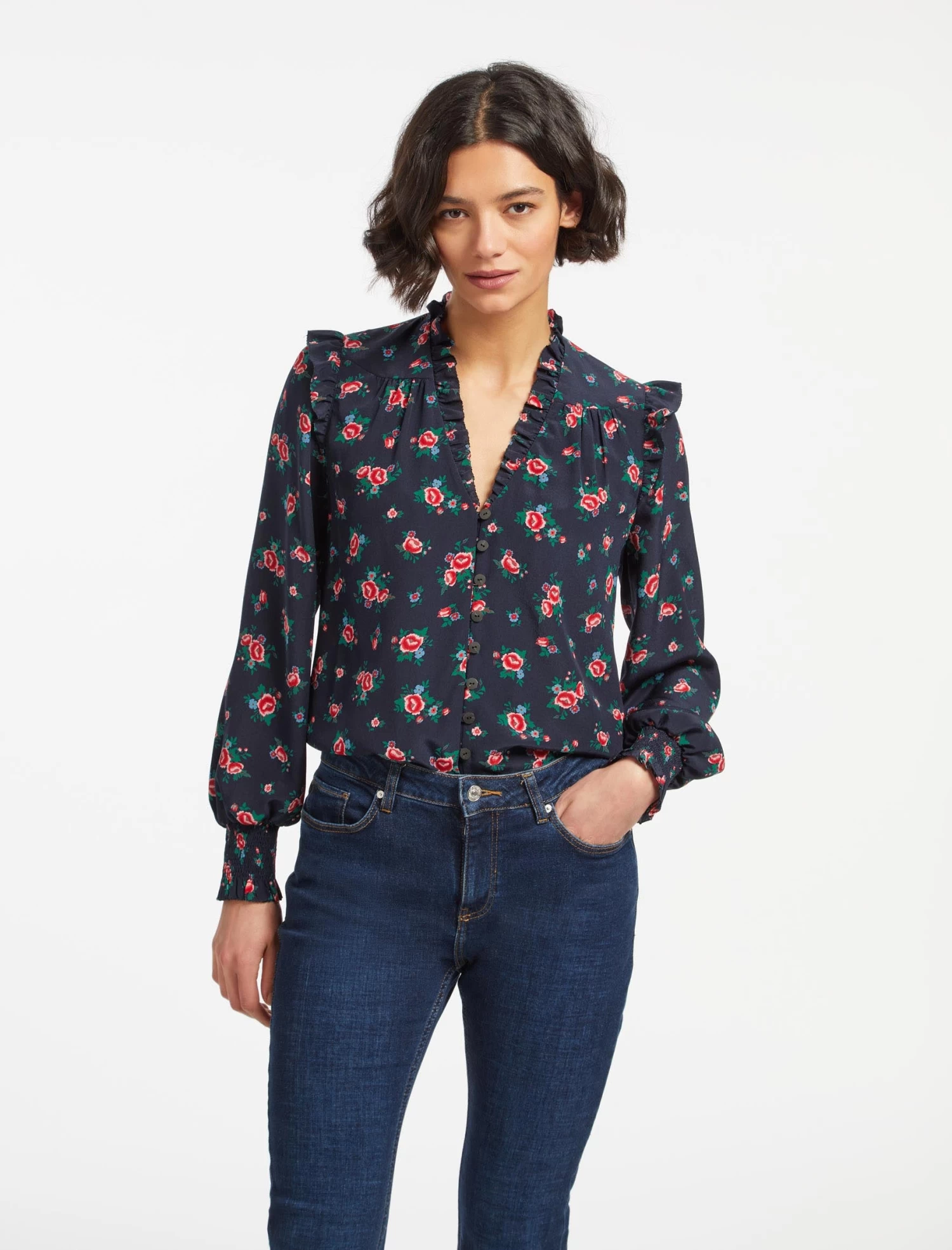 Stella Silk Shirt - Navy Posy Print - Image 5