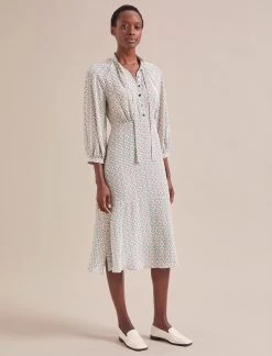 Daria Silk Midi Dress - Cream Floral Tile Print