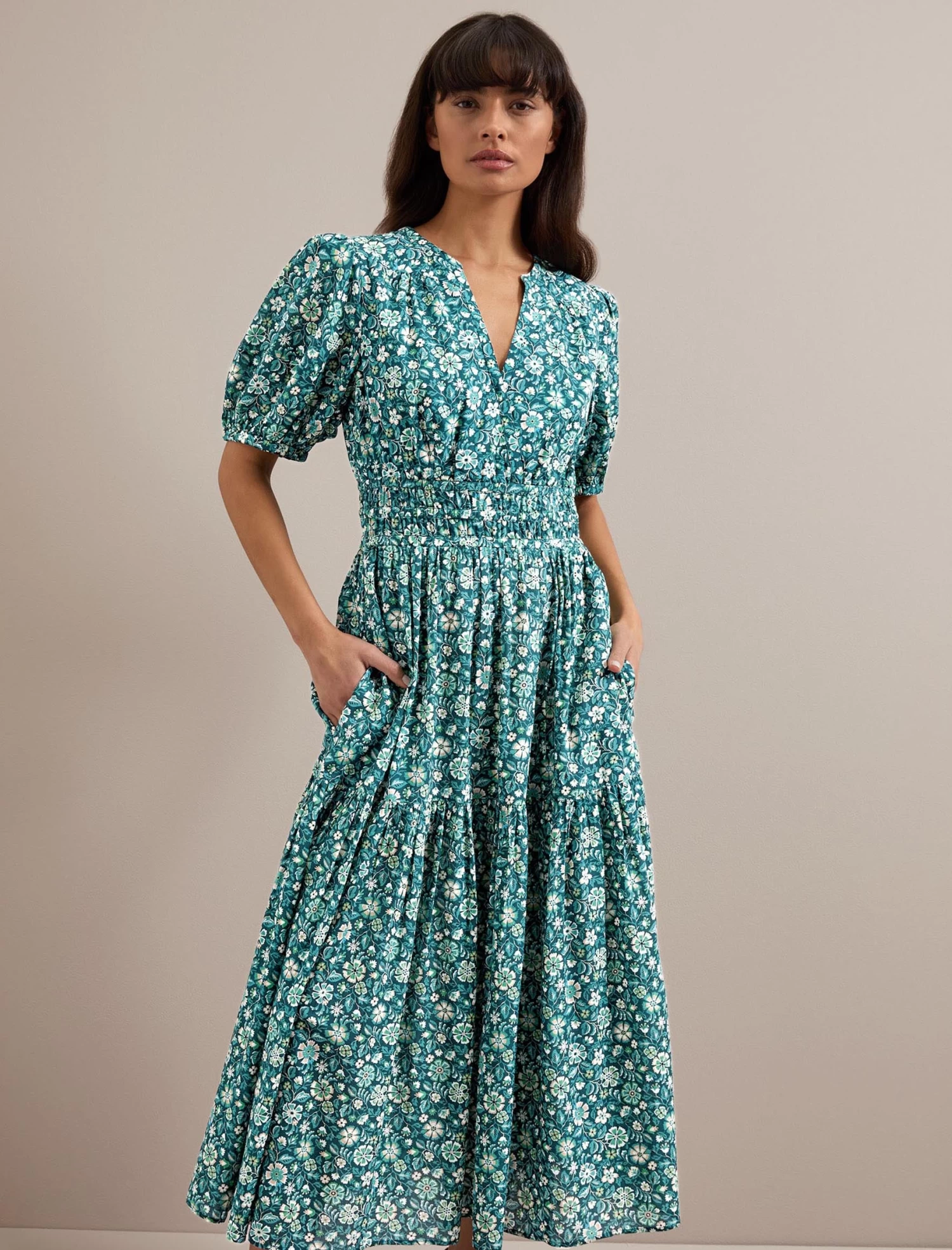 Olive Cotton Blend Midi Dress - Green Ditsy Carnation Print - Image 5