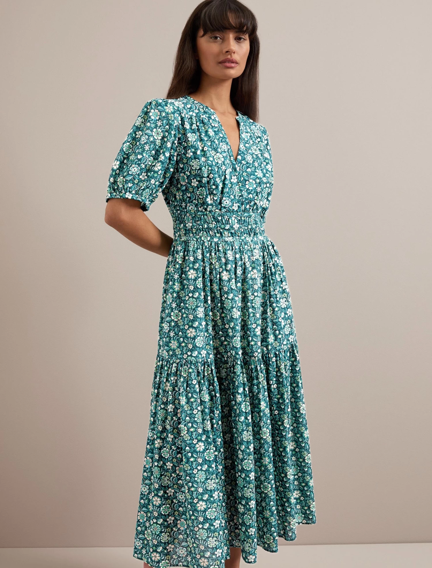 Olive Cotton Blend Midi Dress - Green Ditsy Carnation Print - Image 3