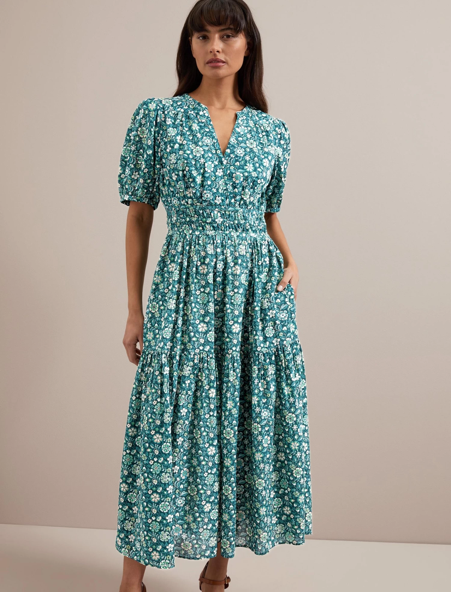 Olive Cotton Blend Midi Dress - Green Ditsy Carnation Print - Image 7