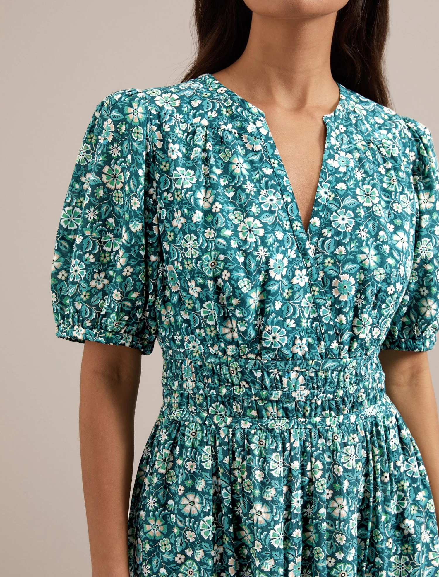Olive Cotton Blend Midi Dress - Green Ditsy Carnation Print - Image 2