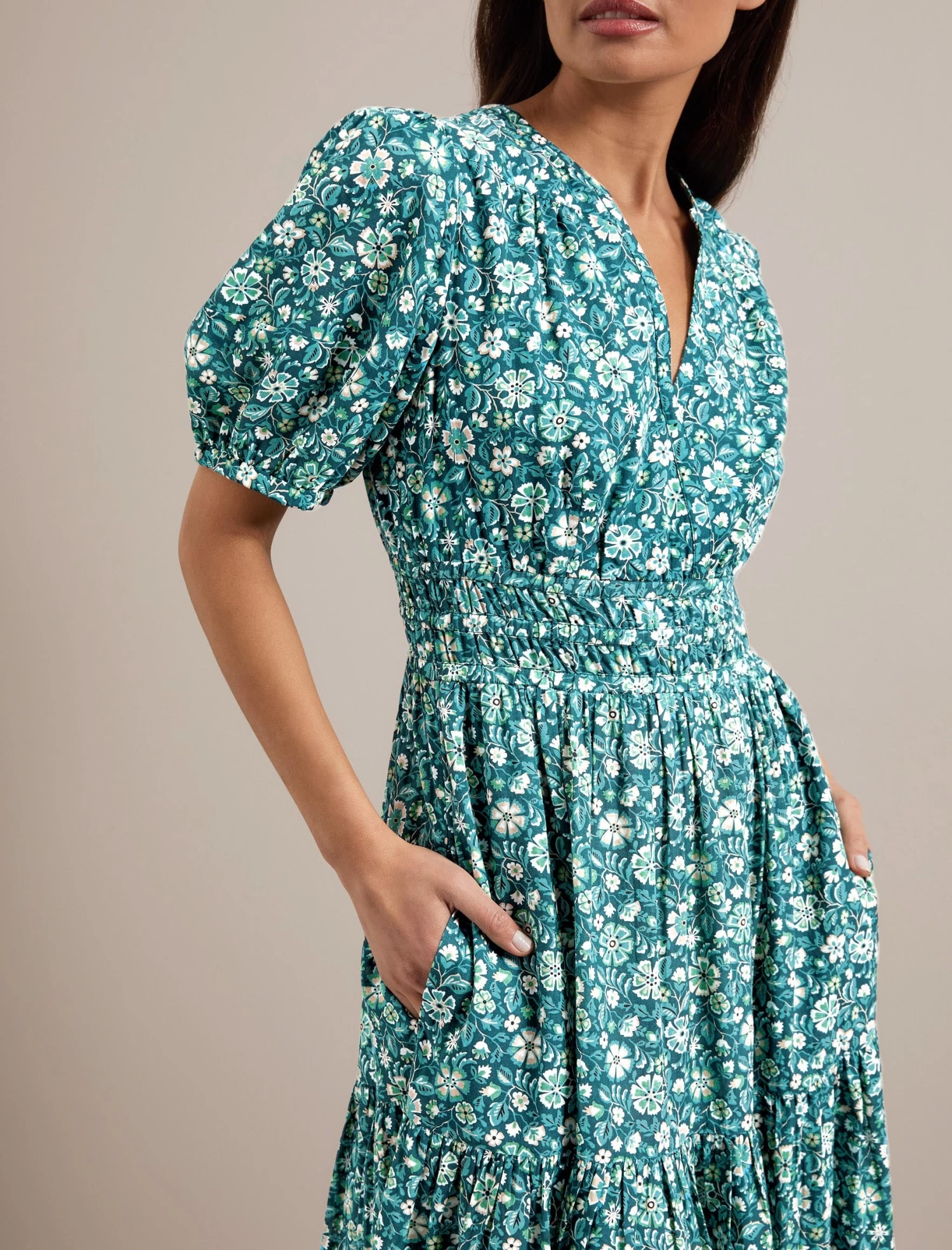 Olive Cotton Blend Midi Dress - Green Ditsy Carnation Print - Image 4