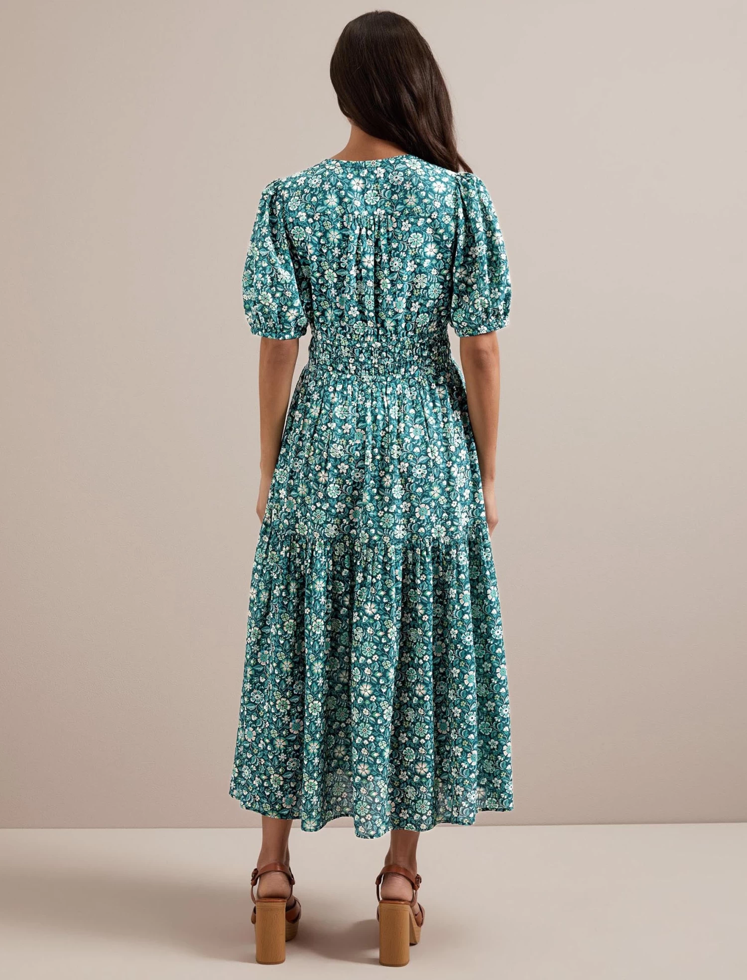 Olive Cotton Blend Midi Dress - Green Ditsy Carnation Print - Image 8