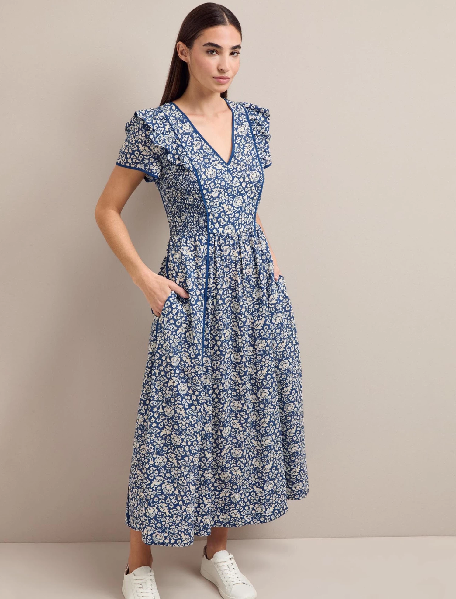 Maeve Cotton Blend Maxi Dress - Blue Mono Floral Print - Image 4