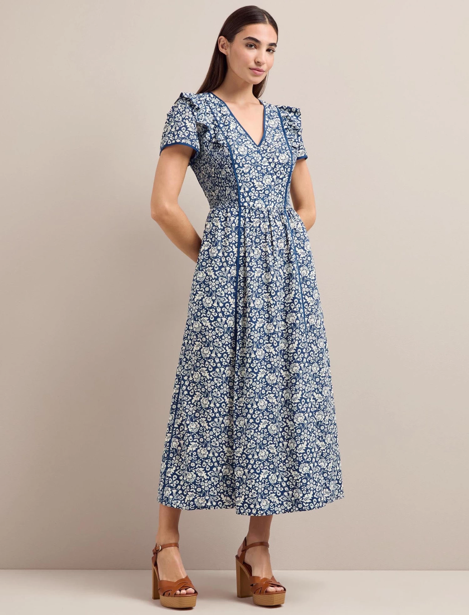 Maeve Cotton Blend Maxi Dress - Blue Mono Floral Print - Image 6