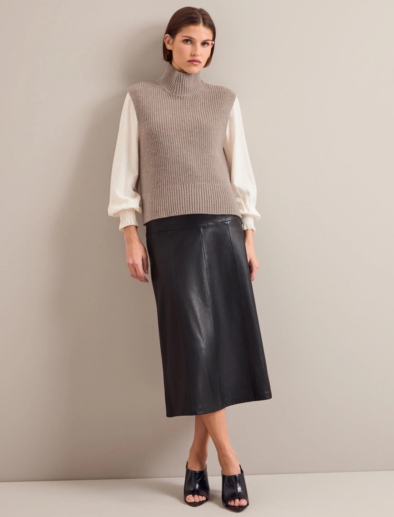 Janie Cashmere Blend Funnel Neck Sleeveless Jumper - Taupe - Image 11