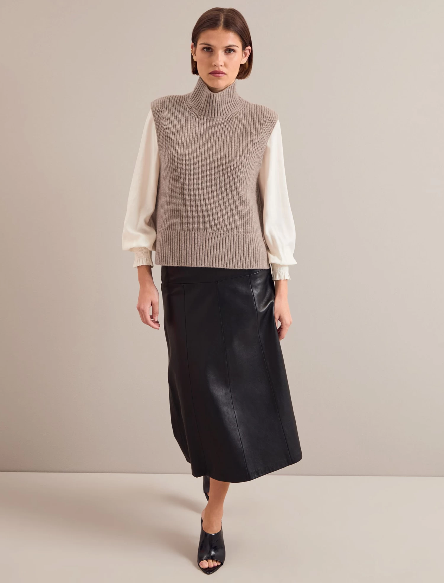 Janie Cashmere Blend Funnel Neck Sleeveless Jumper - Taupe - Image 8