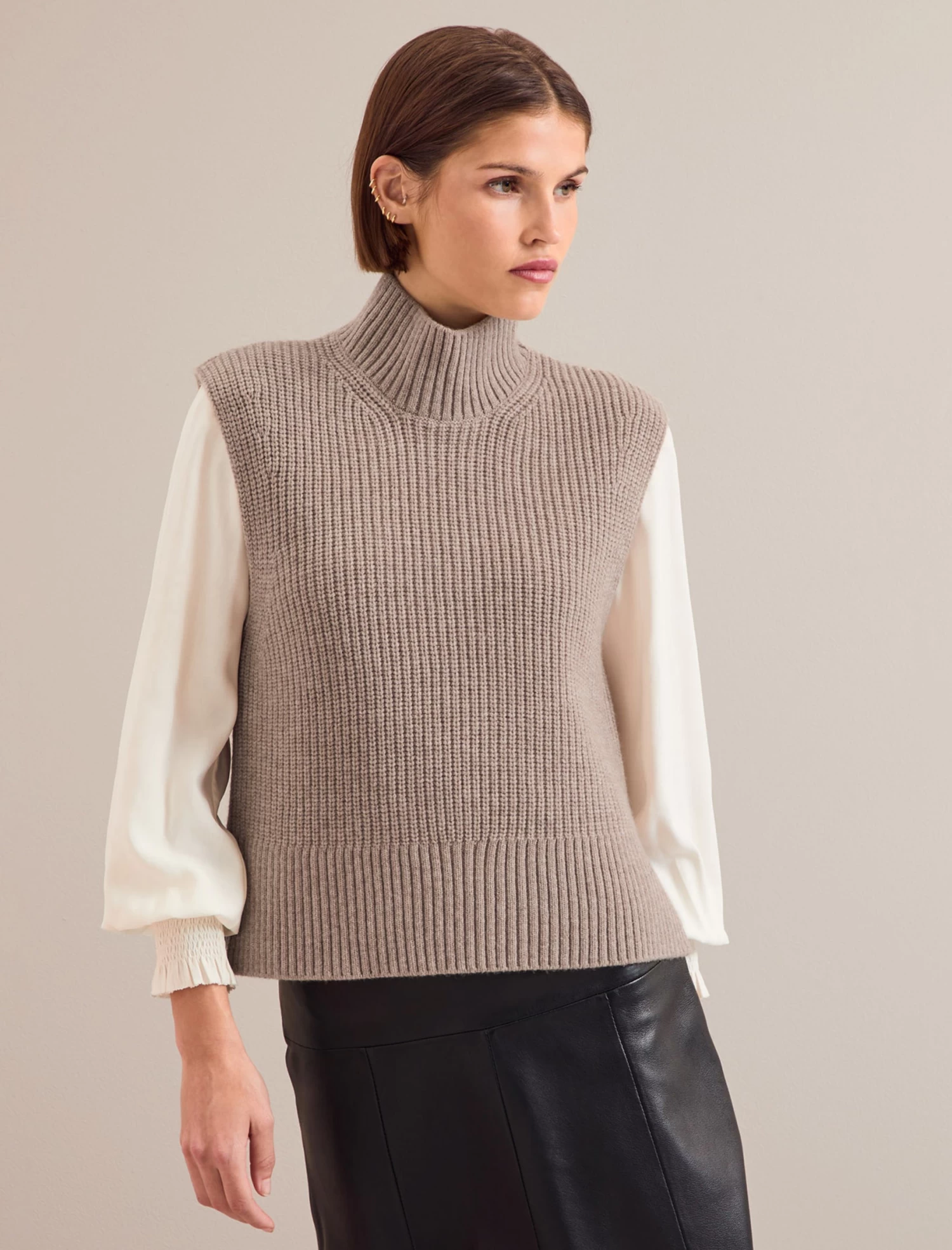 Janie Cashmere Blend Funnel Neck Sleeveless Jumper - Taupe - Image 3