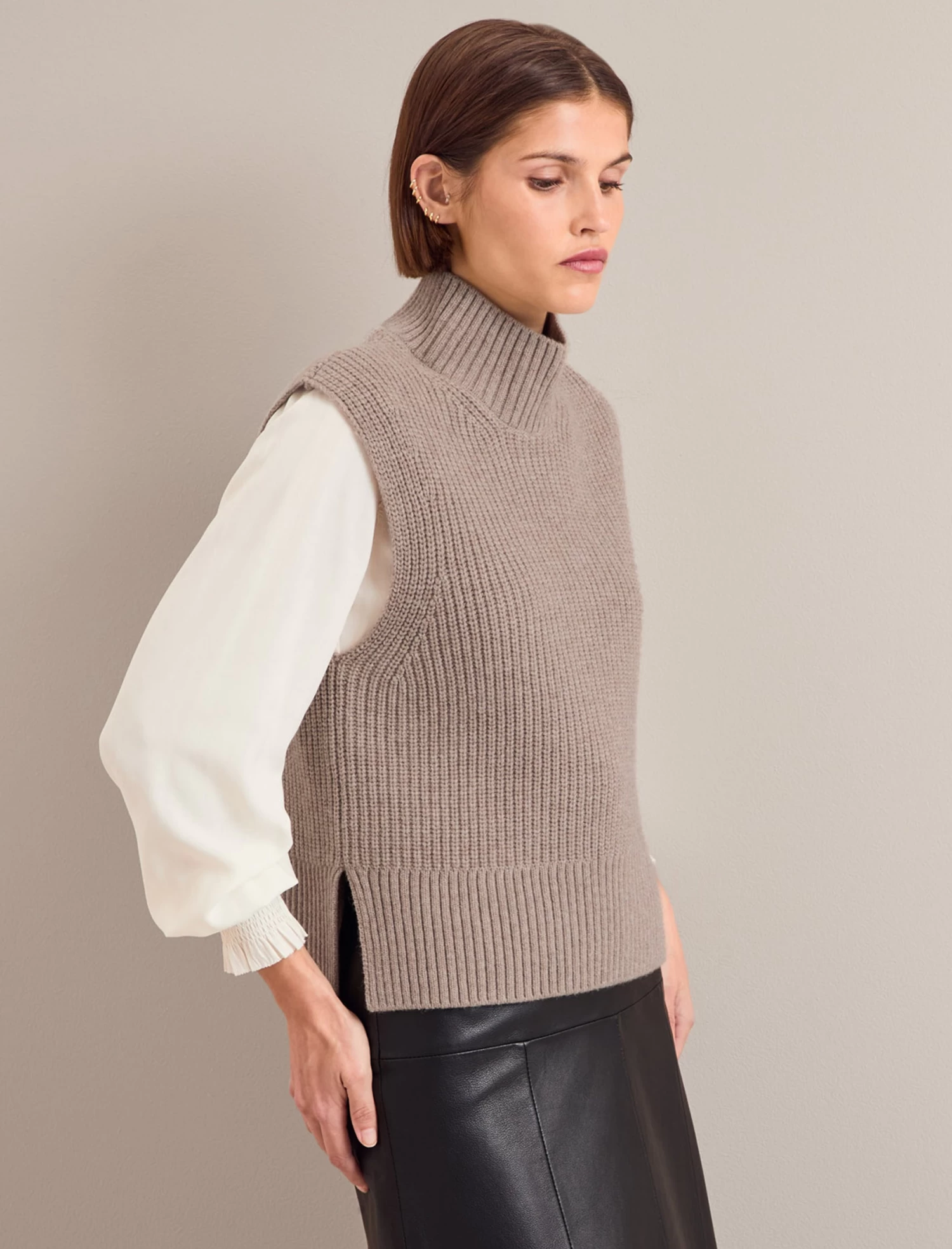 Janie Cashmere Blend Funnel Neck Sleeveless Jumper - Taupe - Image 9