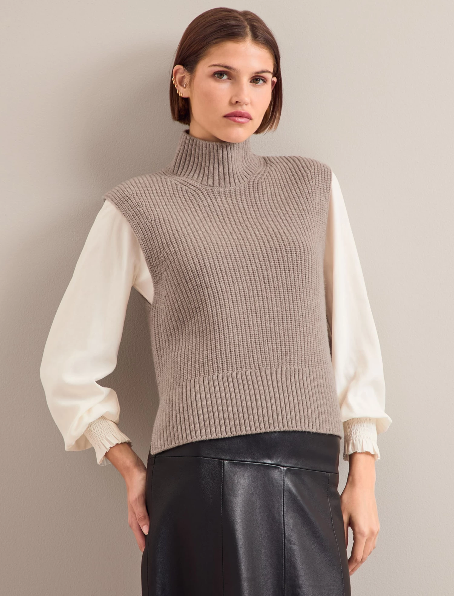 Janie Cashmere Blend Funnel Neck Sleeveless Jumper - Taupe - Image 7