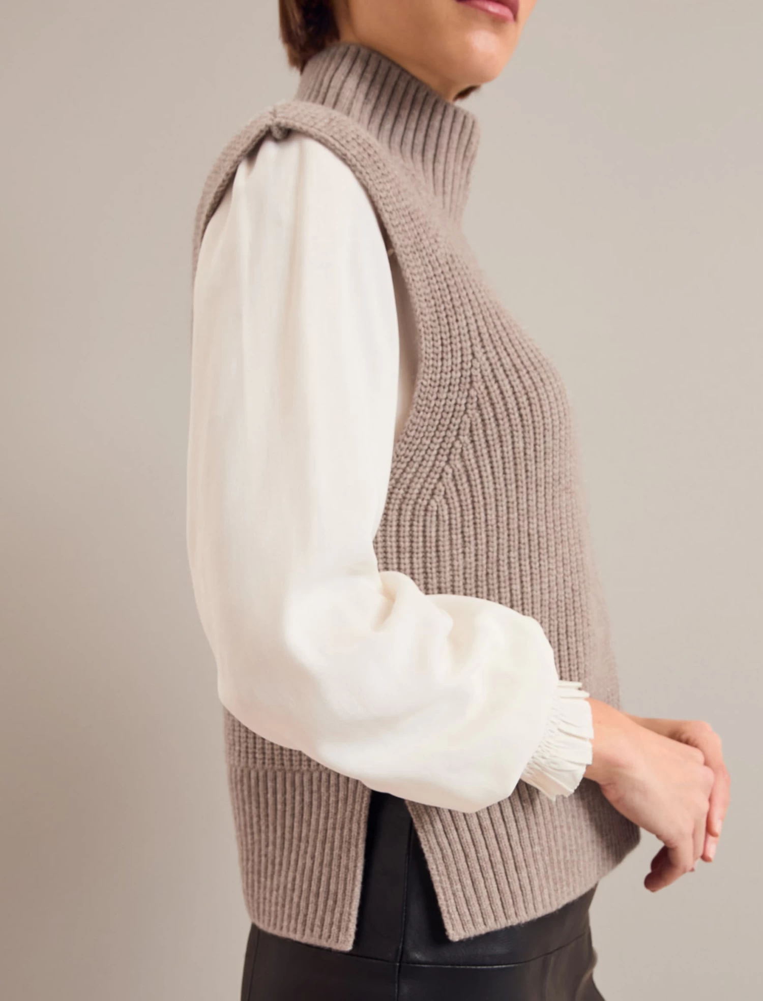 Janie Cashmere Blend Funnel Neck Sleeveless Jumper - Taupe - Image 5