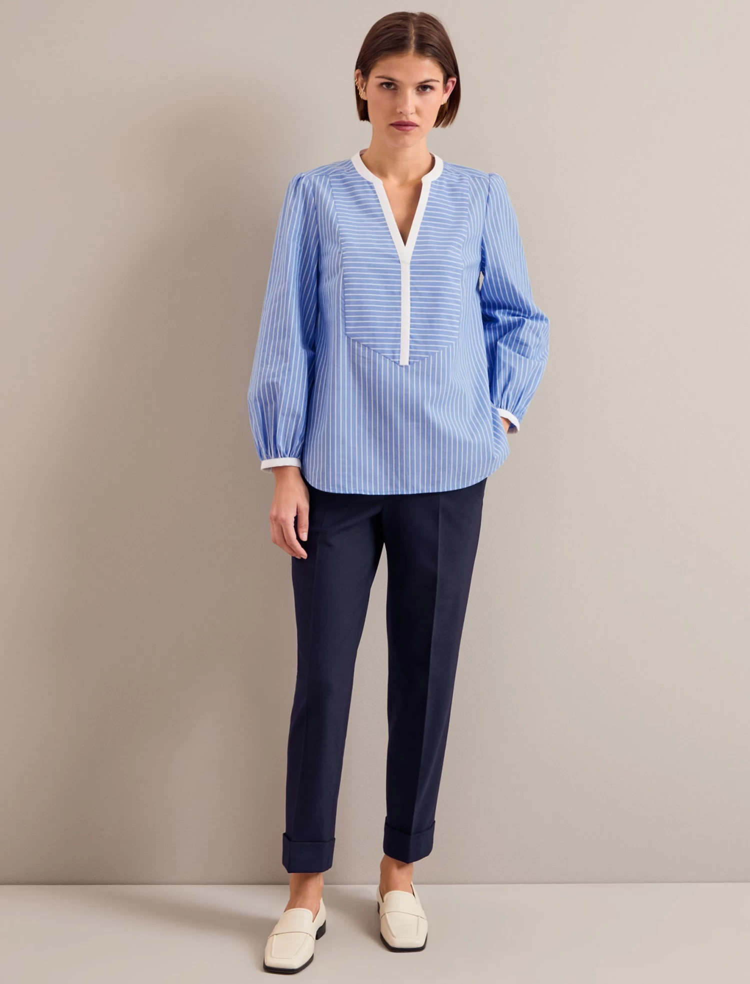 Sadie Organic Cotton Shirt - Wide Stripe Blue White - Image 2