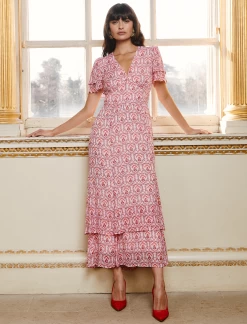 Lotta Gold Metallic Fil Coupé Maxi Dress - Pink Carnation Print