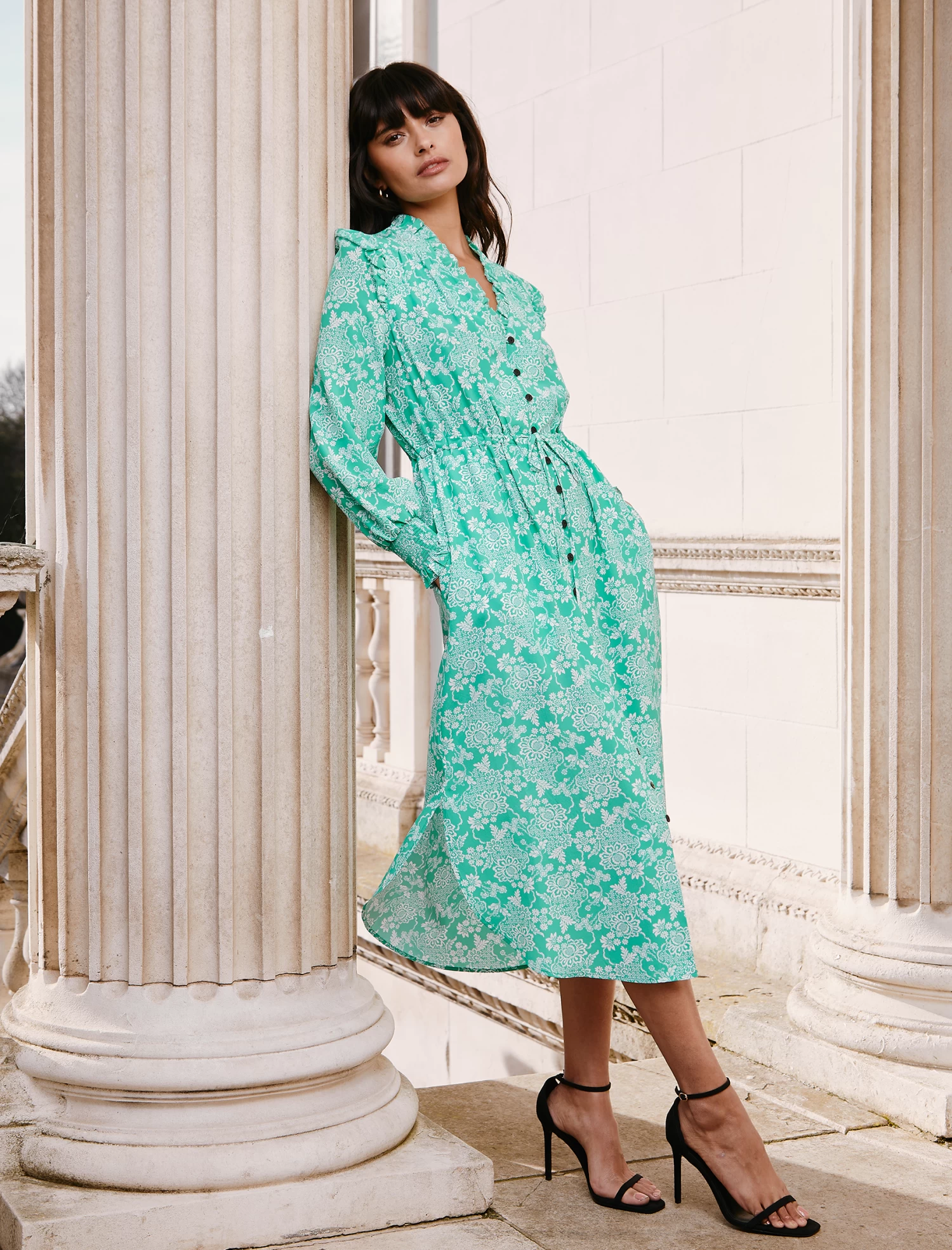 Stella Silk Midi Dress - Green Damask Print - Image 3