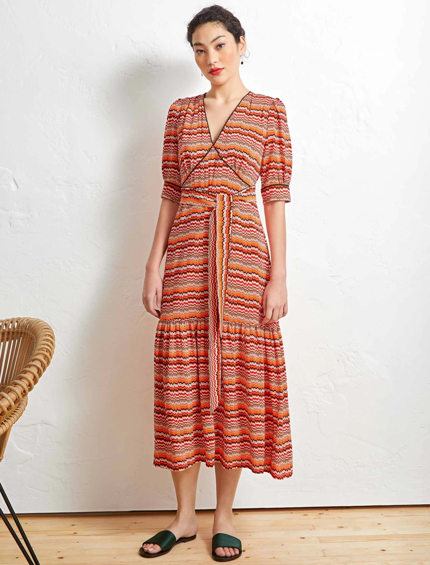 Maisie Ruffle Hem Maxi Tea Dress - Burnt Orange Chevron - Image 3