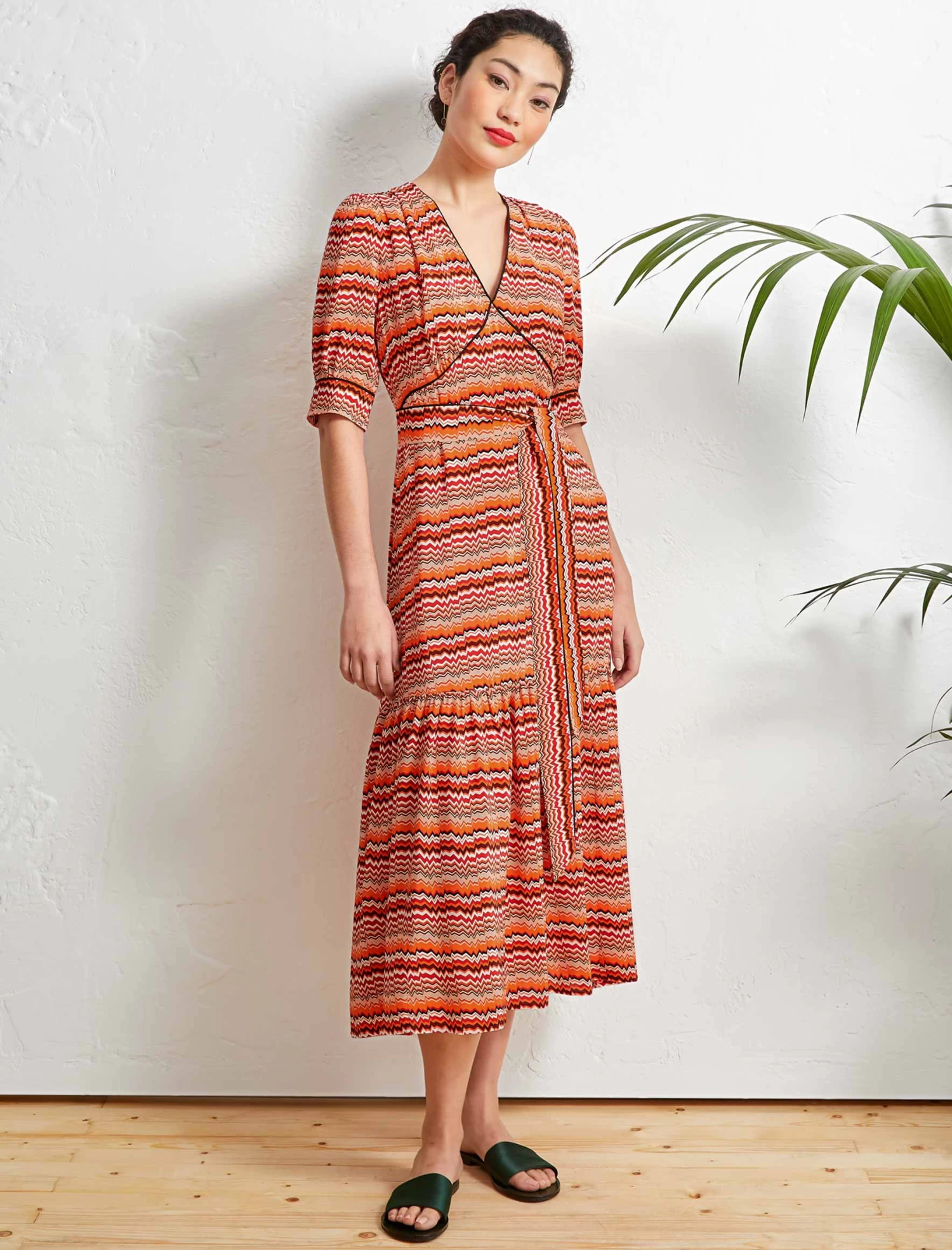Maisie Ruffle Hem Maxi Tea Dress - Burnt Orange Chevron