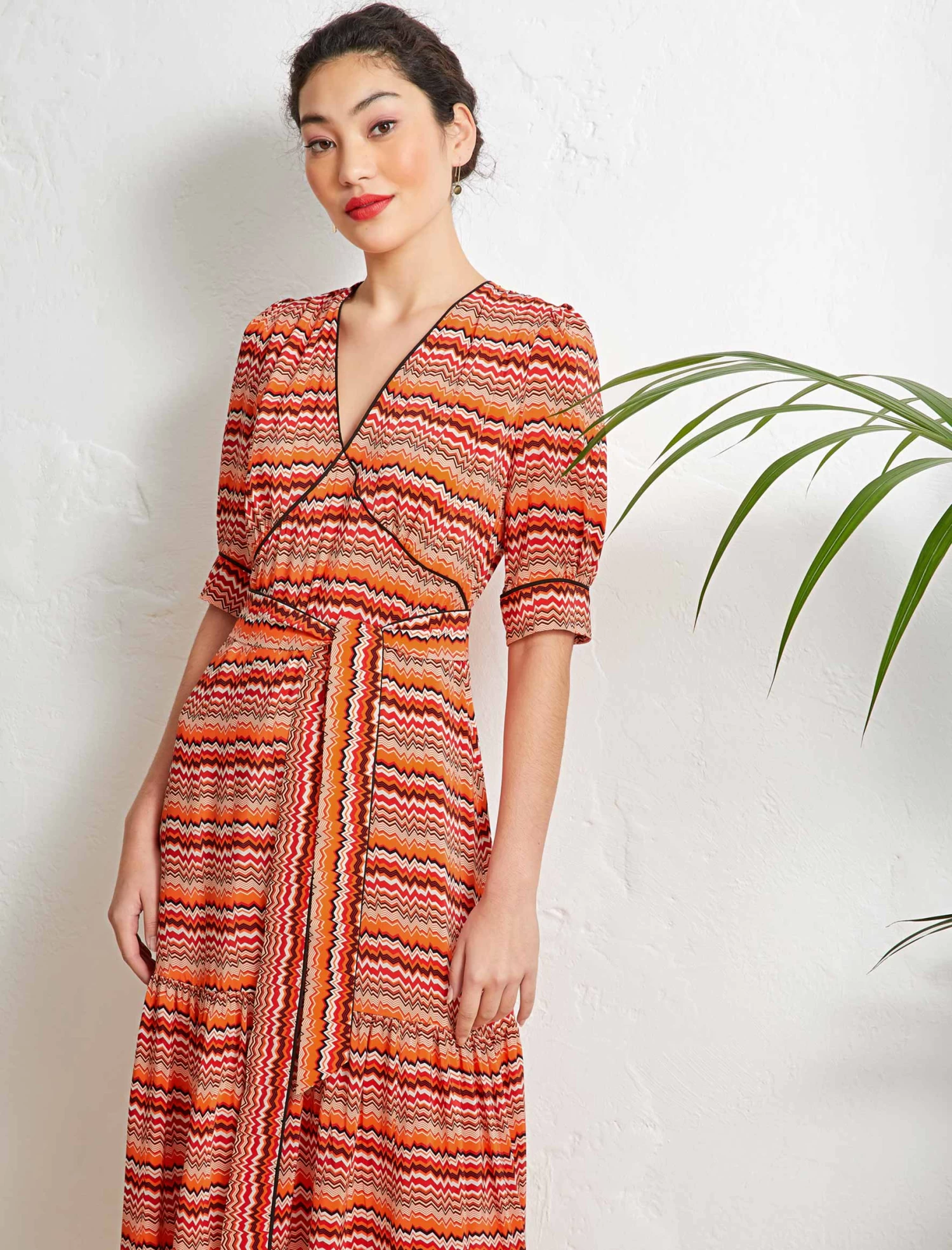 Maisie Ruffle Hem Maxi Tea Dress - Burnt Orange Chevron - Image 2