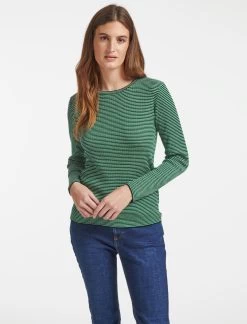 Jackson Wool Skinny Rib Jumper - Emerald Green Black Cream Stripe