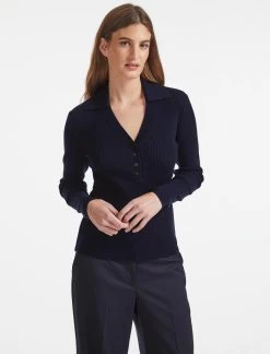 Ellen Collared V-Neck Rib Jumper - Navy
