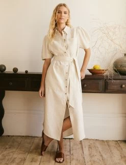 Lyra Techni Linen Maxi Shirt Dress - Cream