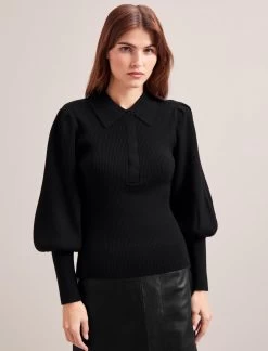 Eva Merino Wool Collared Jumper - Black
