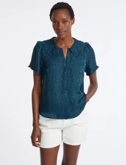 Rosa Silk Blend Blouse - Petrol Blue Leopard Pansy Print