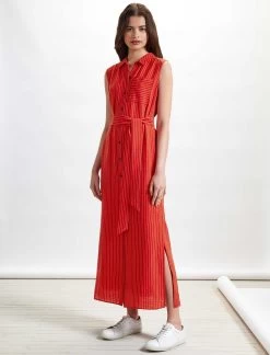 Ursula Sleeveless Maxi Shirt Dress With Pocket - Crimson/White Stripe