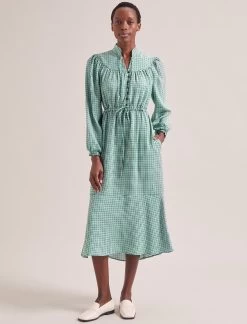 Zahra Midi Dress - Ecru Green Houndstooth Print