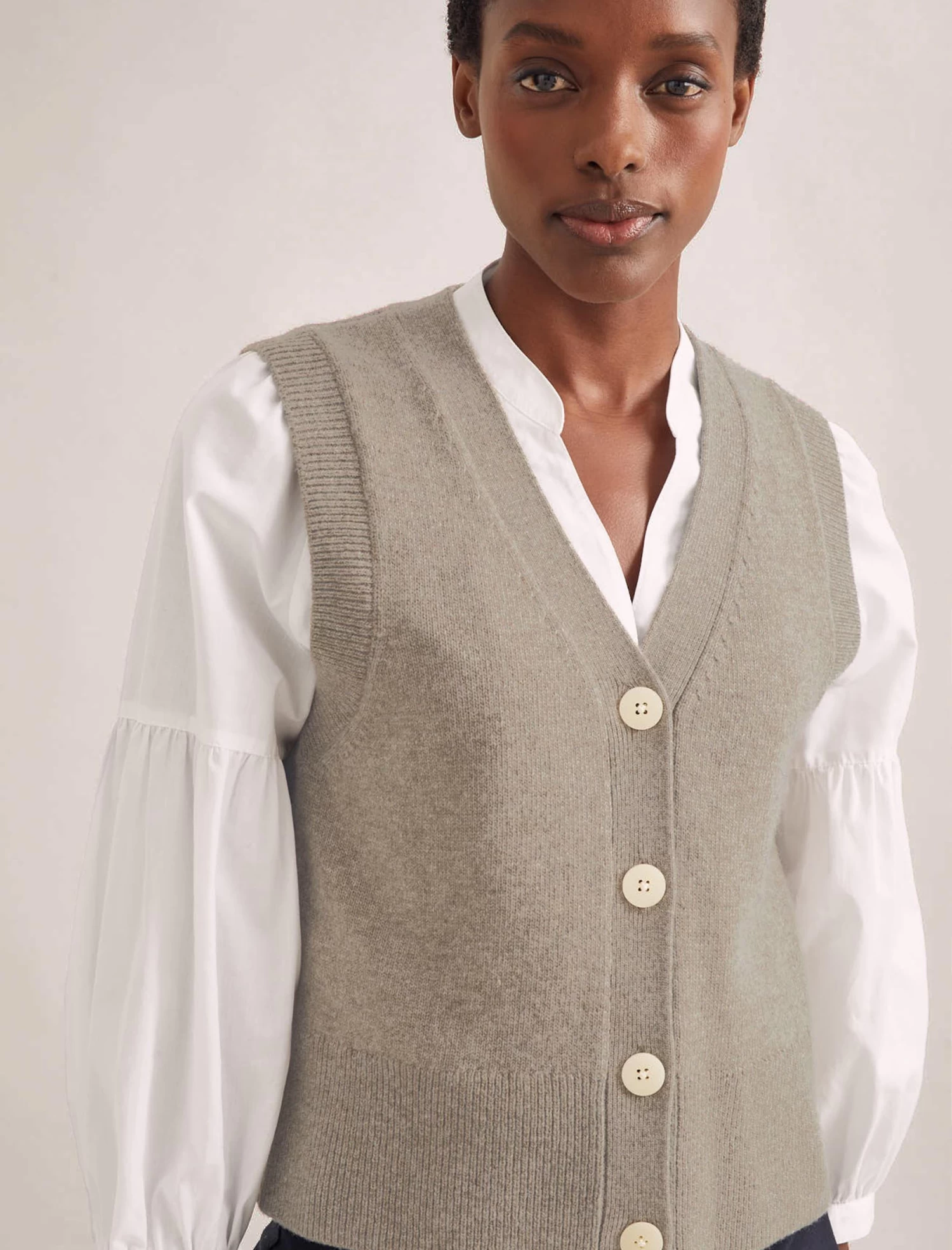 Meryl Wool V Neck Waistcoat - Taupe - Image 3