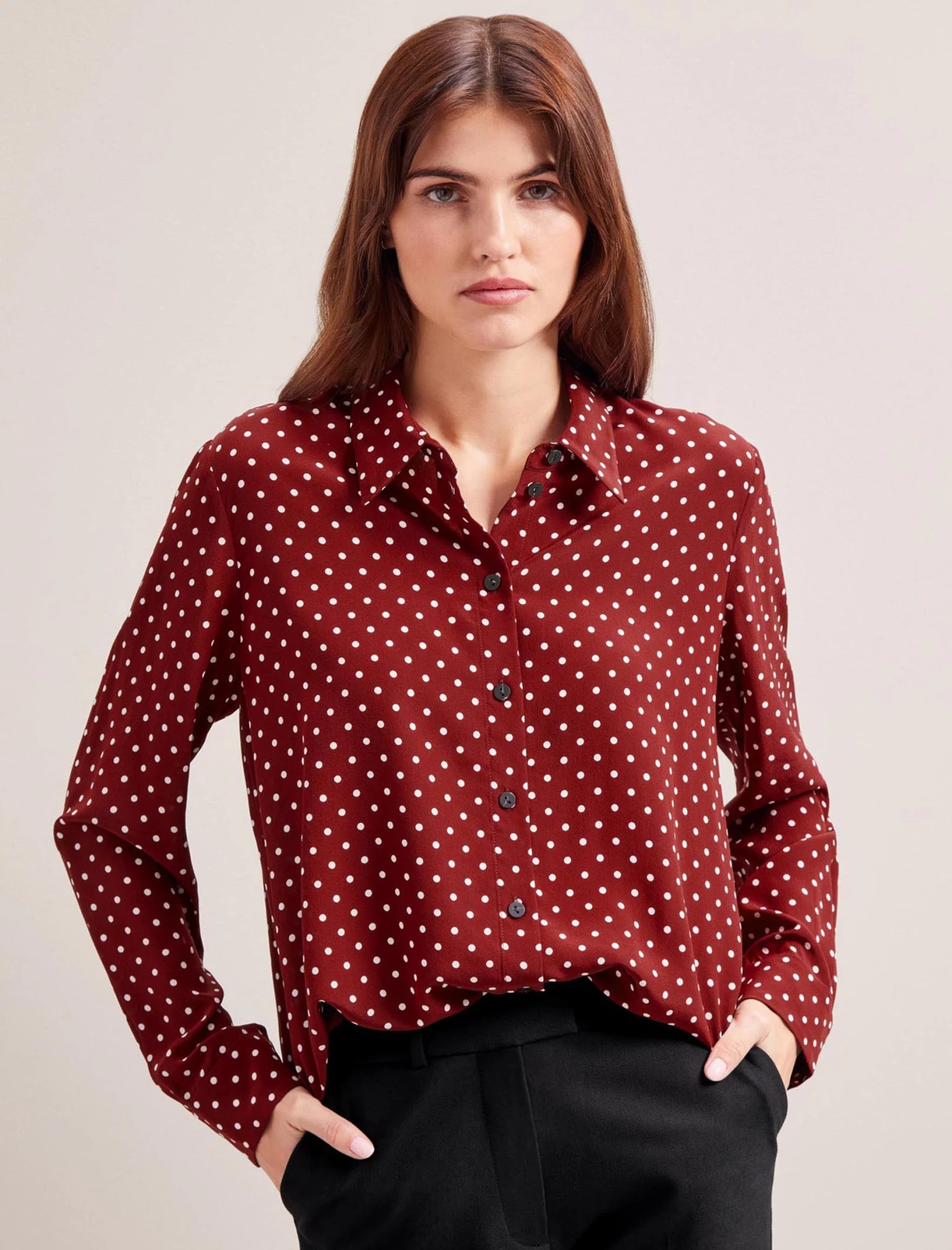 Skyla Silk Shirt - Lipstick White Polka Dot