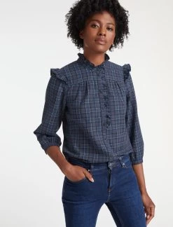 Sybil Cotton Shirt - Navy Crimson White Check