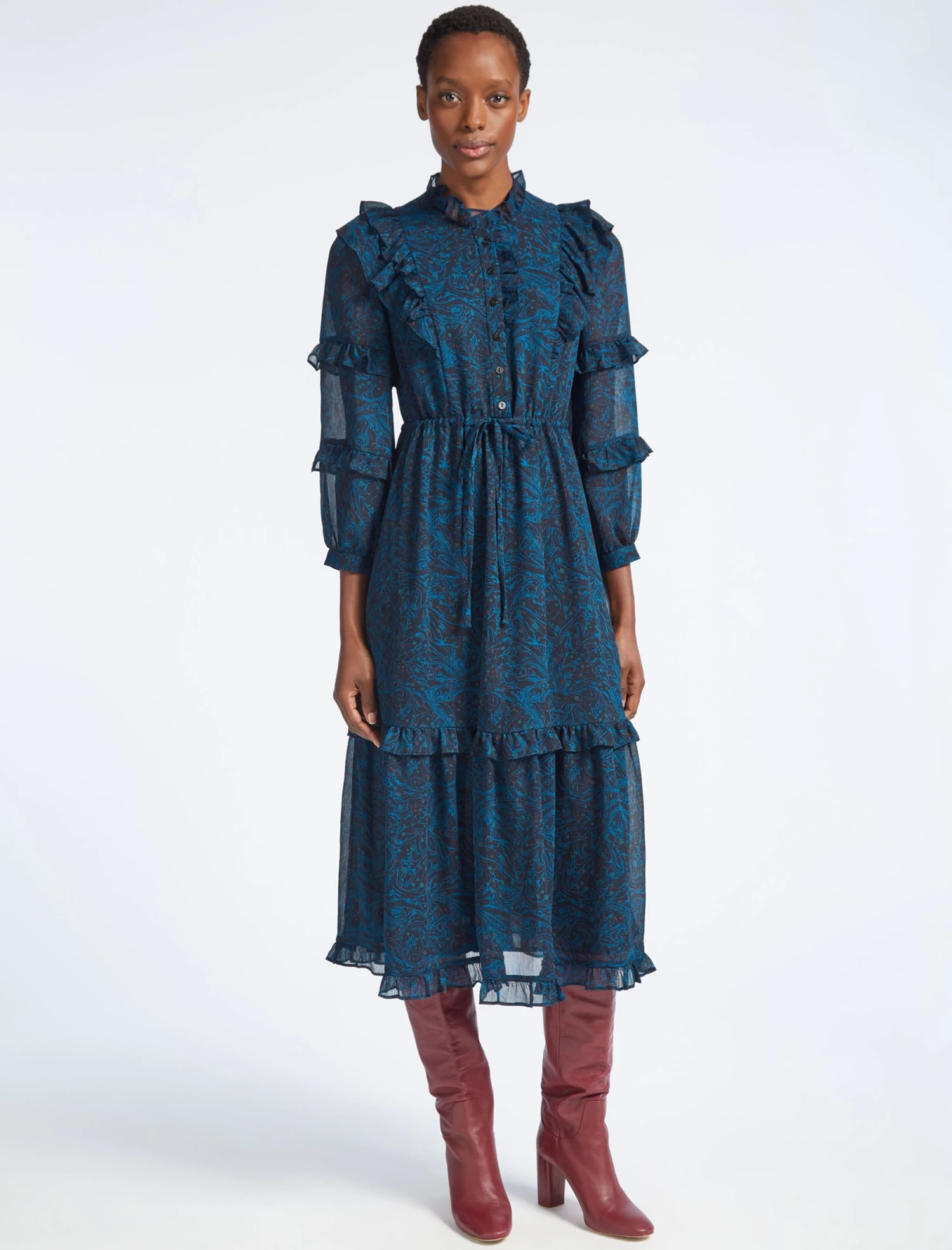 Tilly Drawstring Maxi Dress - Blue Marble Print