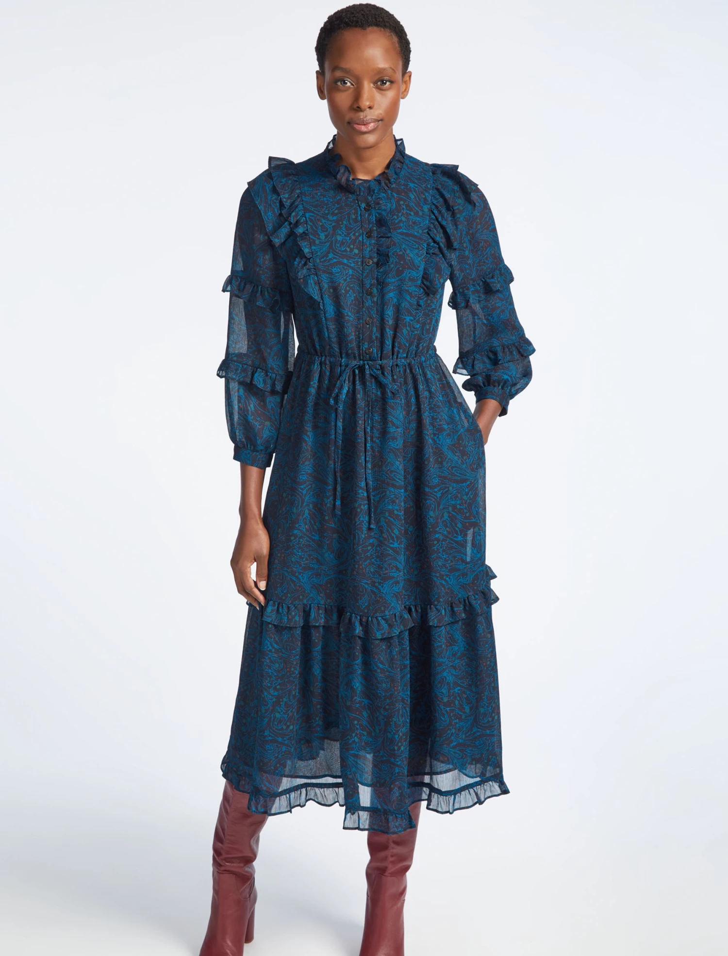 Tilly Drawstring Maxi Dress - Blue Marble Print - Image 4