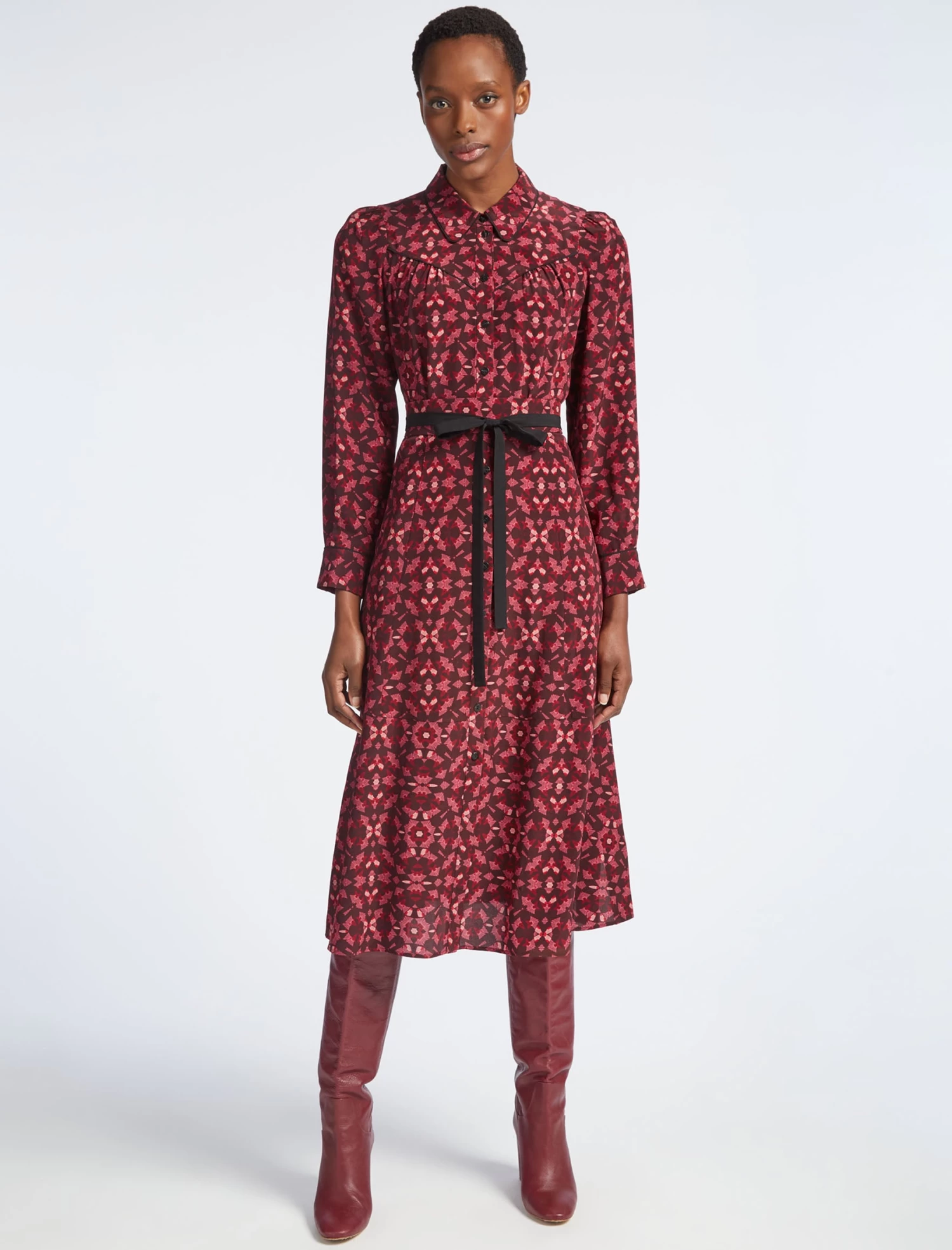 Tierney Silk Midi Shirt Dress - Rose Shibori Print