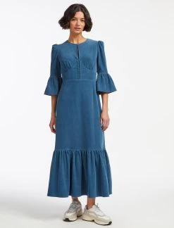 Daphne Pin Corduroy Round Neck Maxi Dress - Mid Blue