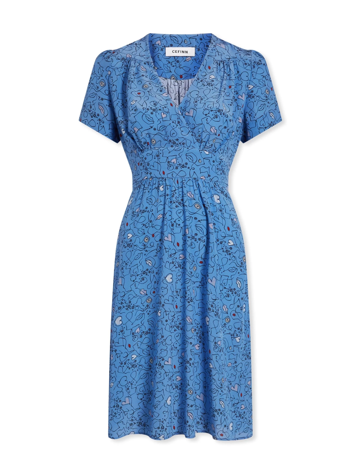 Gina Silk Knee Length Dress - Blue Lips Eyes Print - Image 7