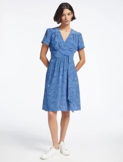 Gina Silk Knee Length Dress - Blue Lips Eyes Print