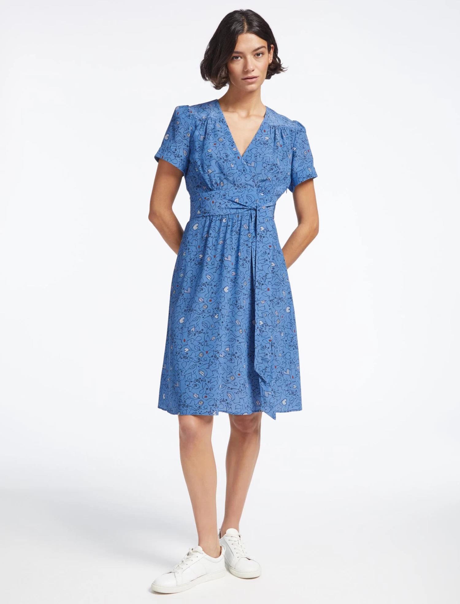 Gina Silk Knee Length Dress - Blue Lips Eyes Print